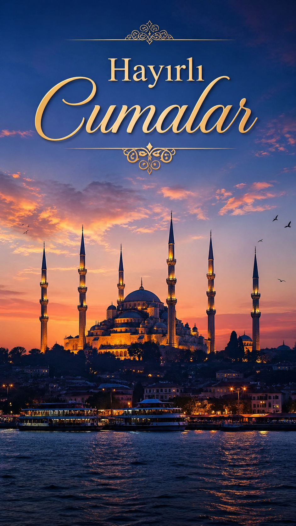 Blue Mosque Sultan Ahmed Mosque Istanbul silhouette at twilight with Hayırlı Cumalar Turkish Friday blessing